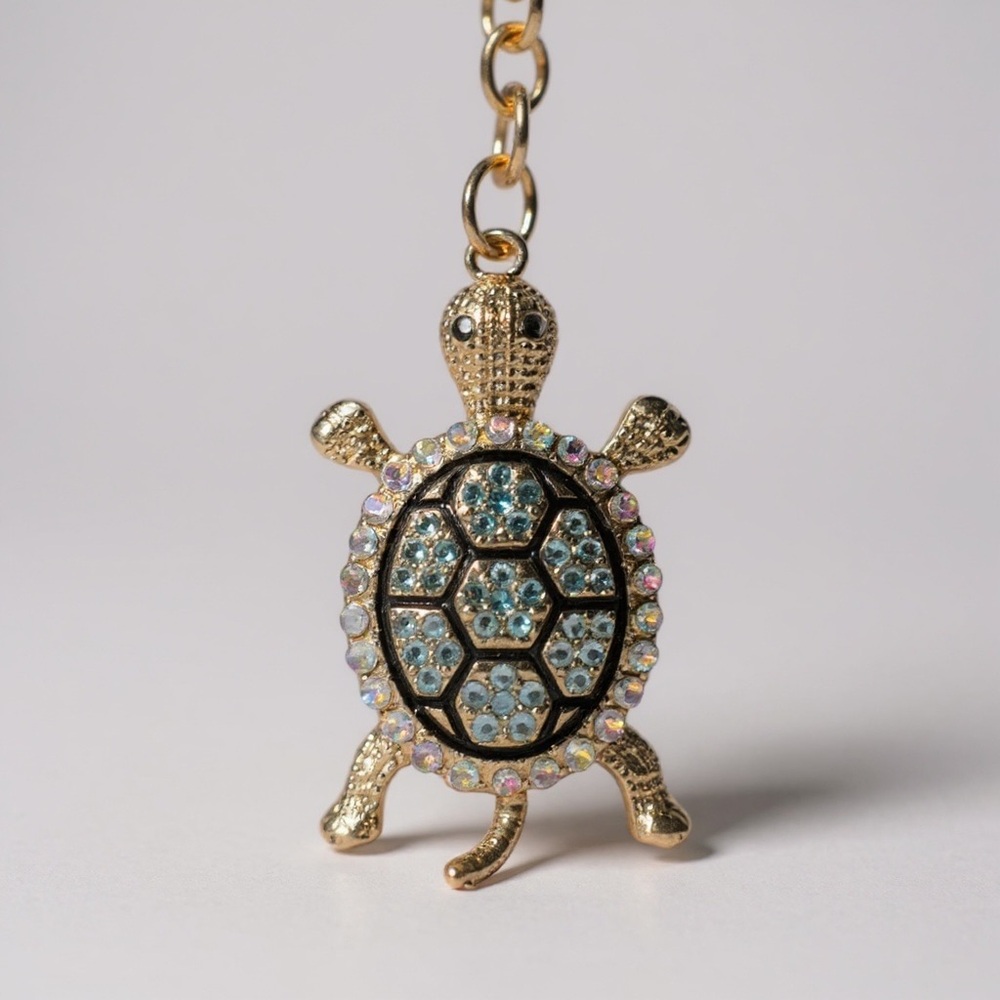 Mint Sea Turtle Keychain Bag Charm Gold Tone Black Enamel AB Crystals NWT ✨3/$15 - Picture 2 of 2